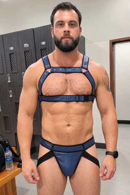 Mysteryglove Navy PU Leather Chest Harness & Jockstrap Set with X-Back Detail