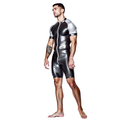 Mysteryglove Shiny Black & Gray Skin-Tight Romper