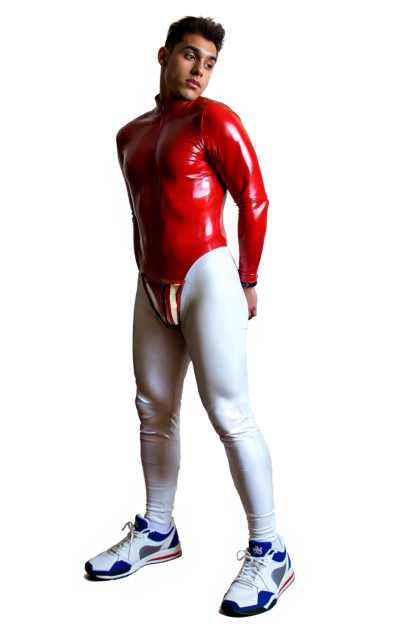 Two-Tone Glossy Bodysuit for Men – Red Top with White Compression Fit
