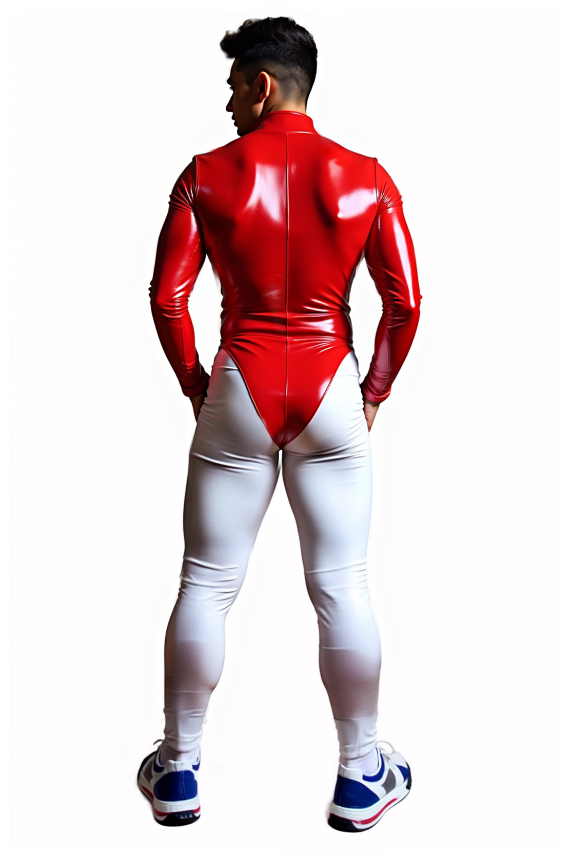 Two-Tone Glossy Bodysuit for Men – Red Top with White Compression Fit