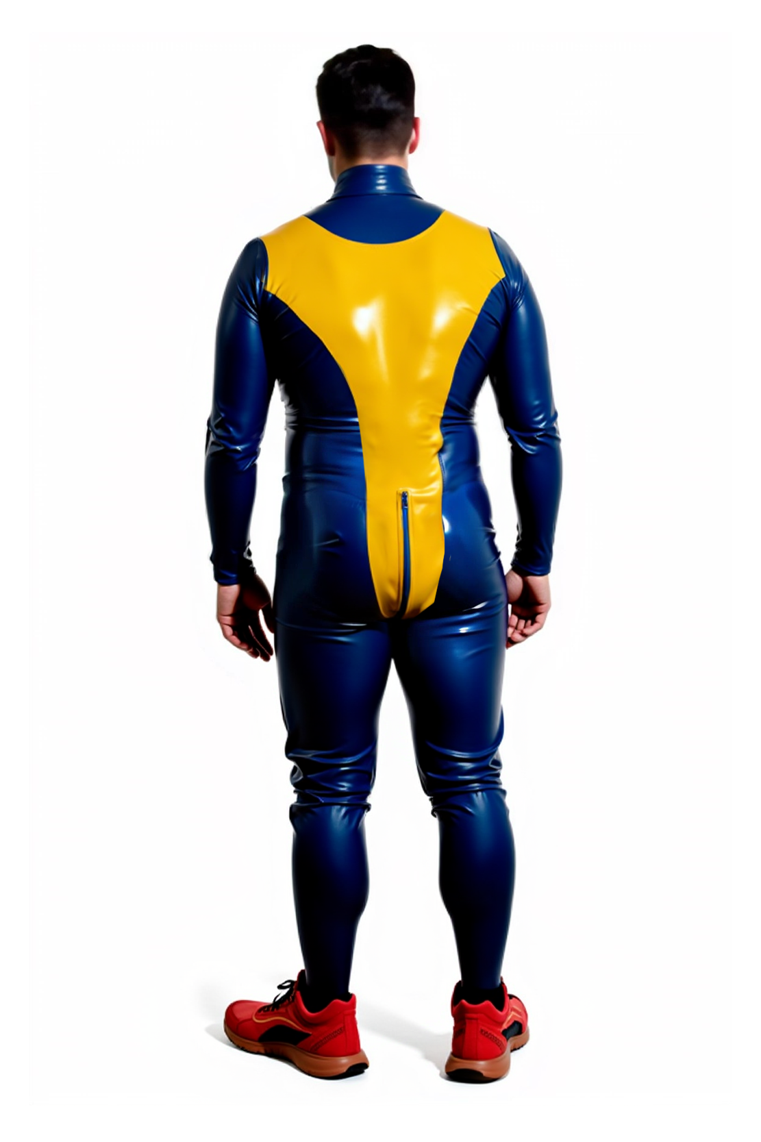 Men's Glossy Colorblock Bodysuit – Blue & Yellow Futuristic One-Piece