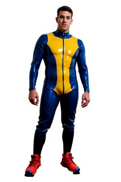 Men's Glossy Colorblock Bodysuit – Blue & Yellow Futuristic One-Piece