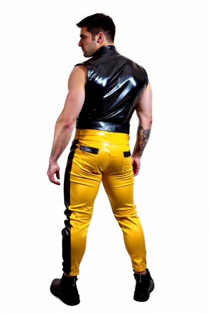 Two-Piece Glossy Set for Men – Sleeveless Black Top & Yellow Panel Pants