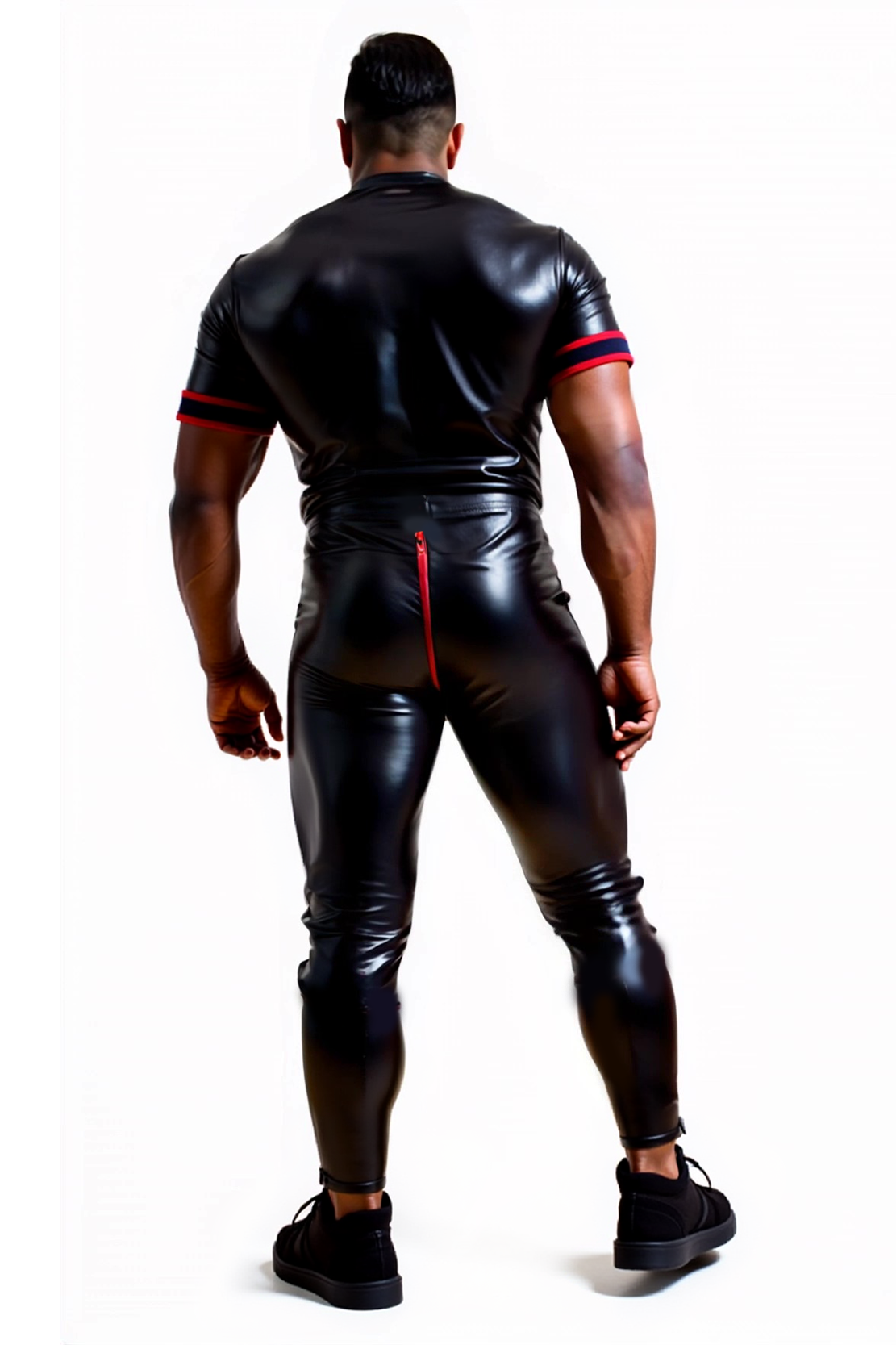 Mysteryglove Men's Shiny Black Faux Leather Jumpsuit with Red Trim