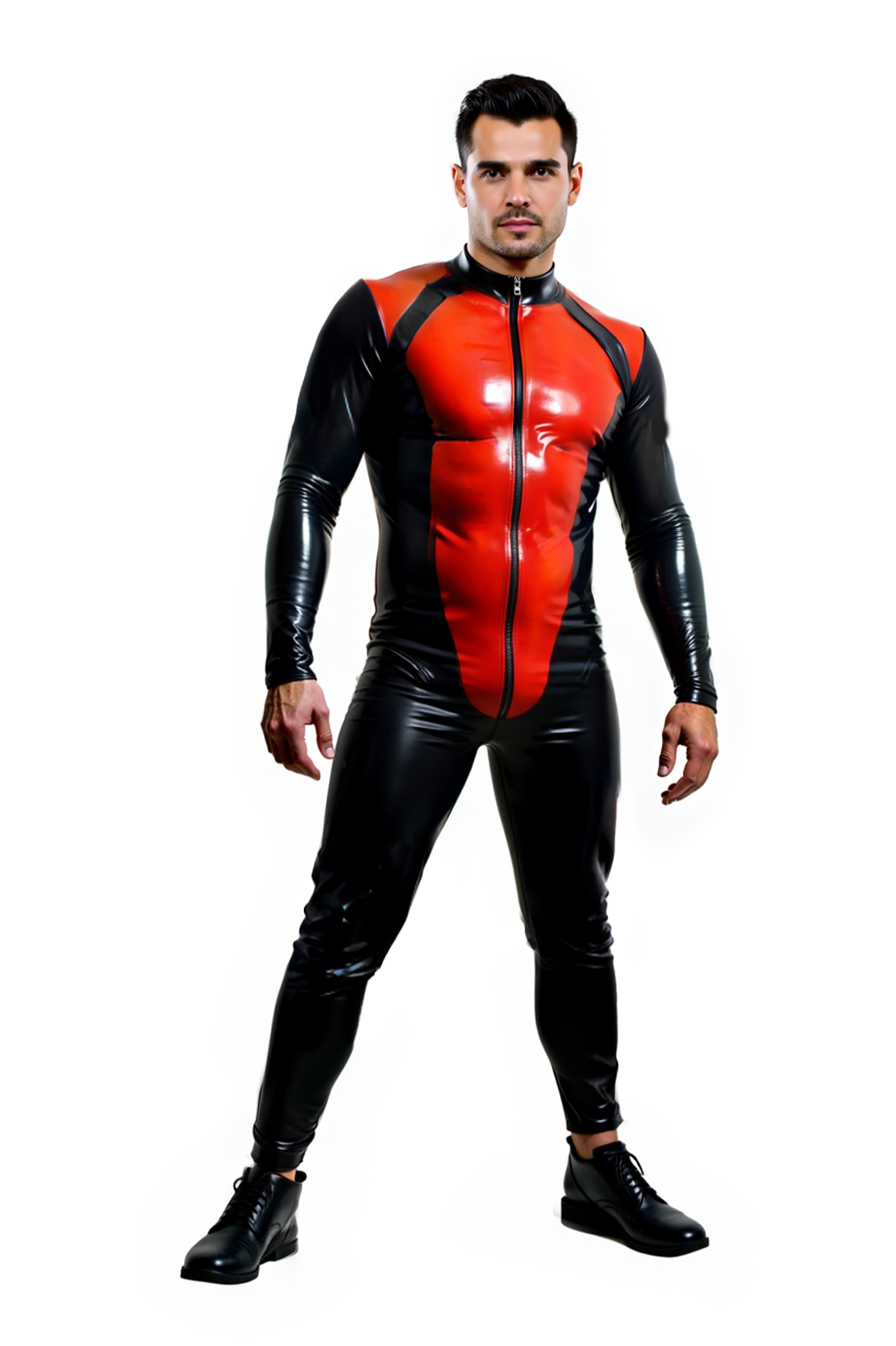 Mysteryglove Men's Red and Black Superhero-Inspired Bodysuit with Zipper Closure