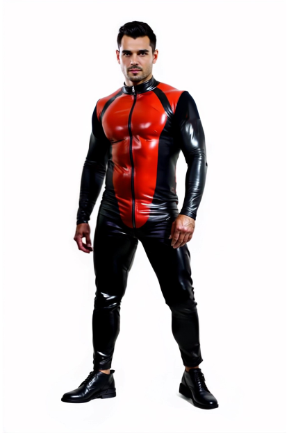 Mysteryglove Men's Red and Black Superhero-Inspired Bodysuit with Zipper Closure