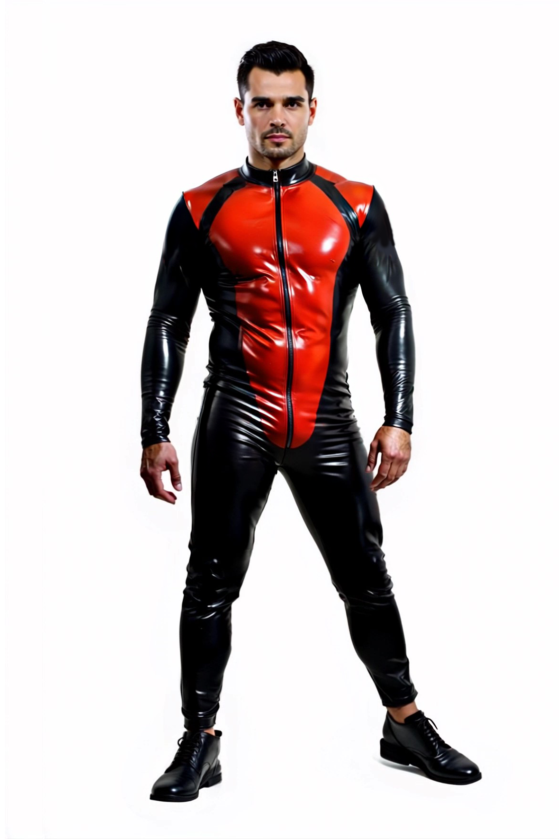 Mysteryglove Men's Red and Black Superhero-Inspired Bodysuit with Zipper Closure