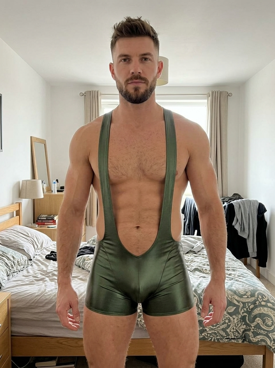 Mysteryglove Olive Green Shiny Singlet – Deep U-Front, Racerback, Open-Back Jock Cut