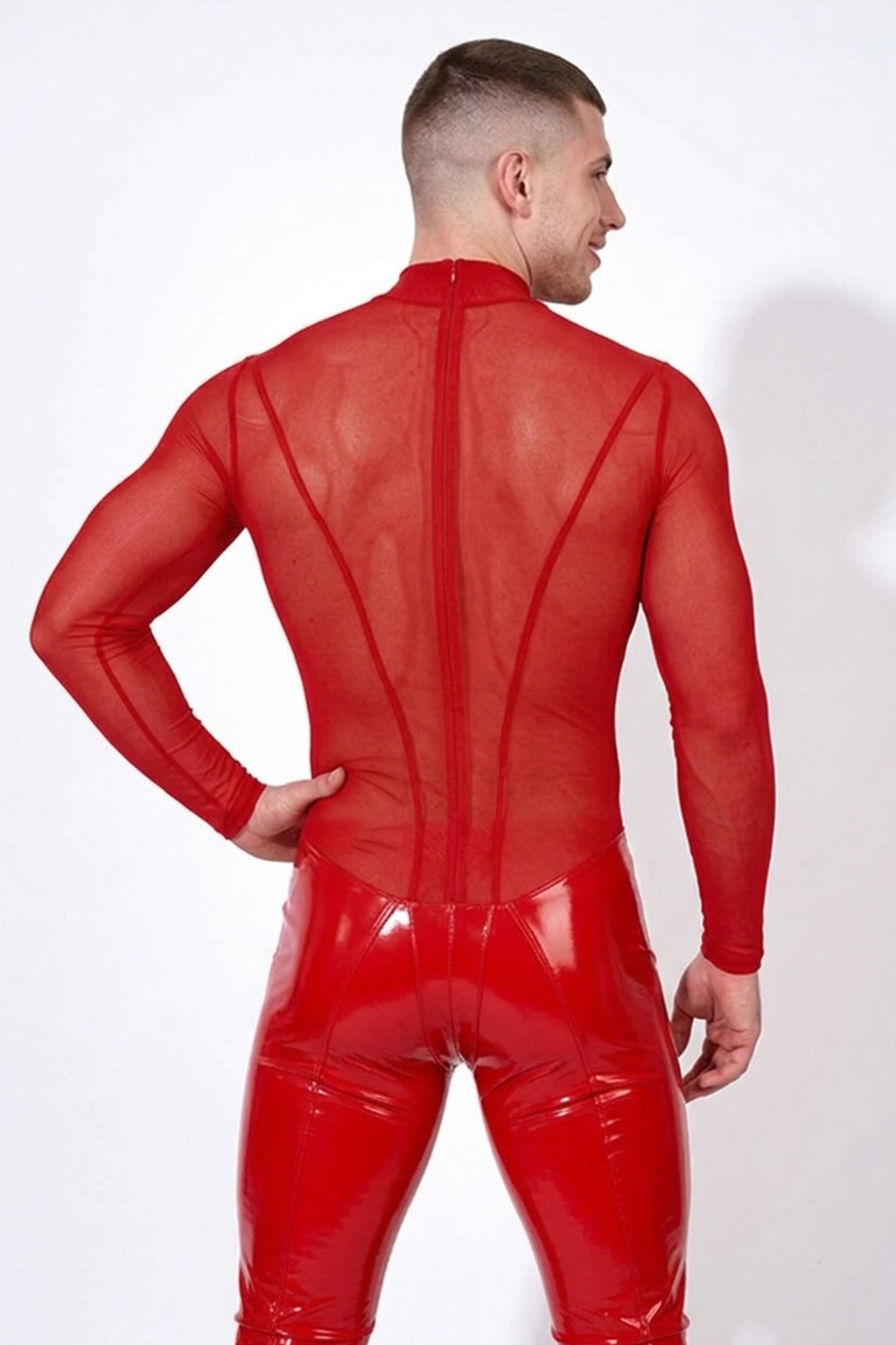 Mysteryglove Men’s Red One-Piece Bodysuit – Sheer Mesh Top + Shiny PU Leather Bottom, Back Zip
