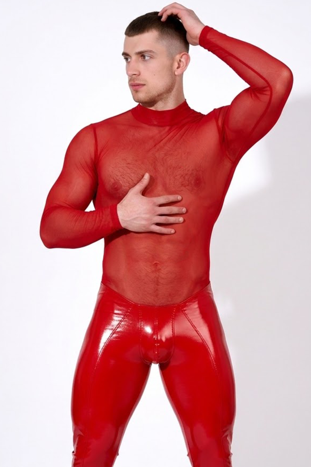 Mysteryglove Men’s Red One-Piece Bodysuit – Sheer Mesh Top + Shiny PU Leather Bottom, Back Zip
