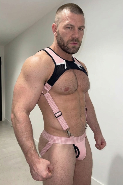 Mysteryglove Pink Houndstooth Harness Jockstrap Set — Adjustable Clips & Bold Contrast Trim