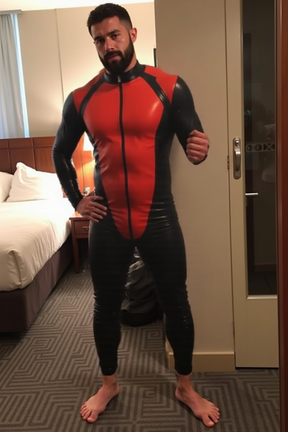 Mysteryglove Men's Red and Black Superhero-Inspired Bodysuit with Zipper Closure