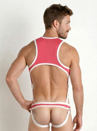 Mysteryglove Pink & White PU Leather Harness Bodysuit with Ring Detail