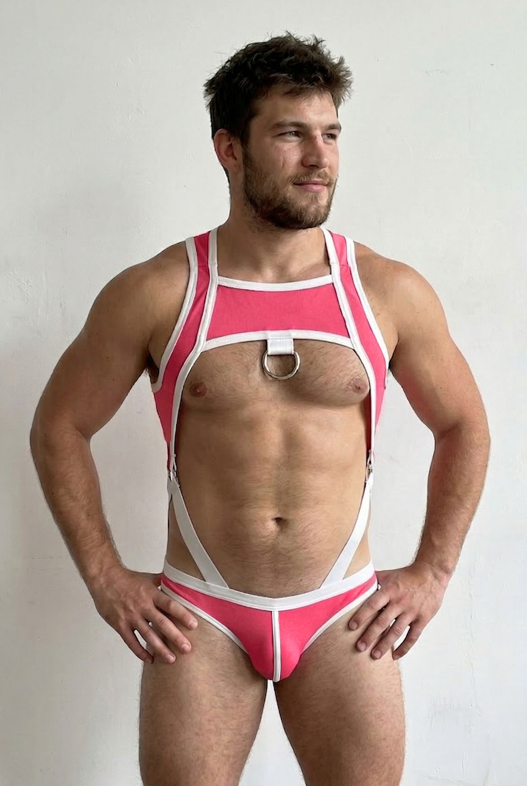 Mysteryglove Pink & White PU Leather Harness Bodysuit with Ring Detail