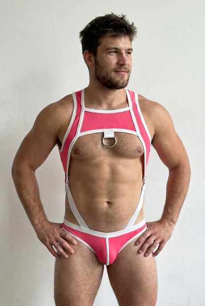 Mysteryglove Pink & White PU Leather Harness Bodysuit with Ring Detail