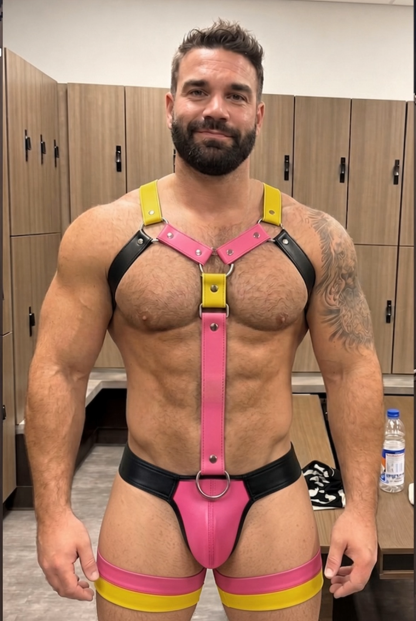 Mysteryglove Pink & Yellow PU Harness Brief Set — Long Center Strap, X-Back Ring, Thigh Bands