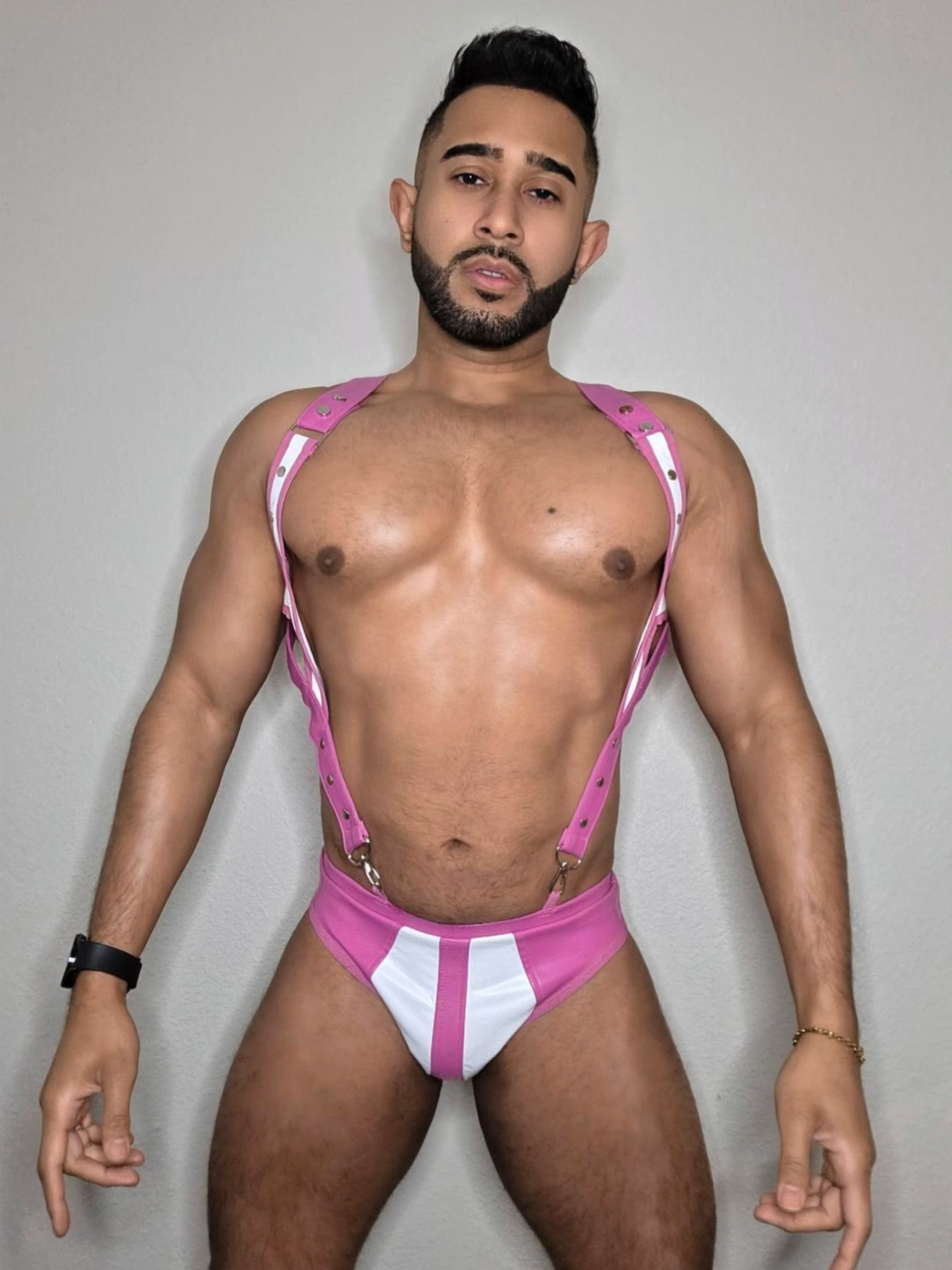 Mysteryglove Bold Pink and White PU Leather Men’s Harness