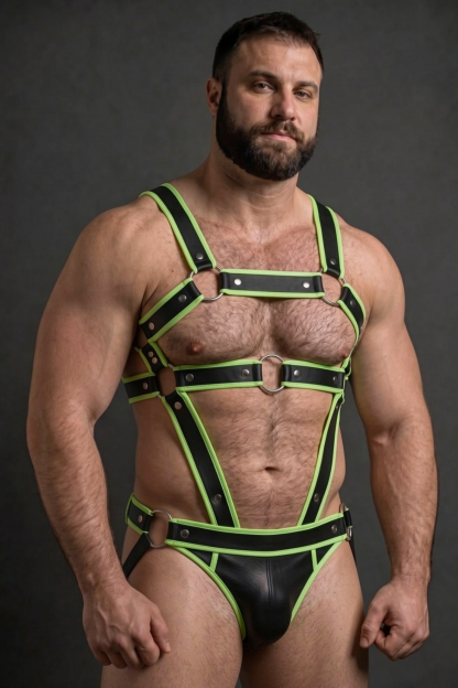 Mysteryglove Black & Yellow PU Leather Harness Set, X-Back Chest Straps + O-Ring Hardware + Matching Jock Bottom
