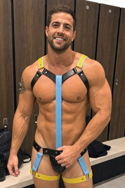 Mysteryglove PU Leather Colorblock Harness Set – Sky Blue Center Strap + Neon Yellow Accents