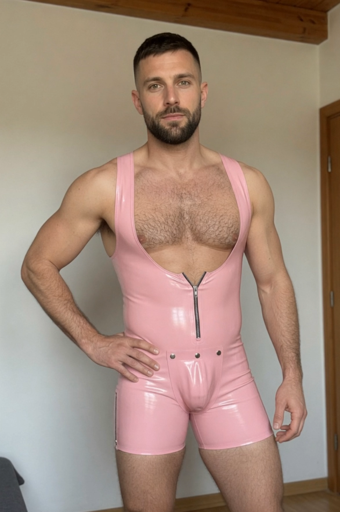 Mysteryglove Pink PU Leather Singlet – Gloss Finish, Deep U-Neck, Front Zip, Detachable Pouch Pocket