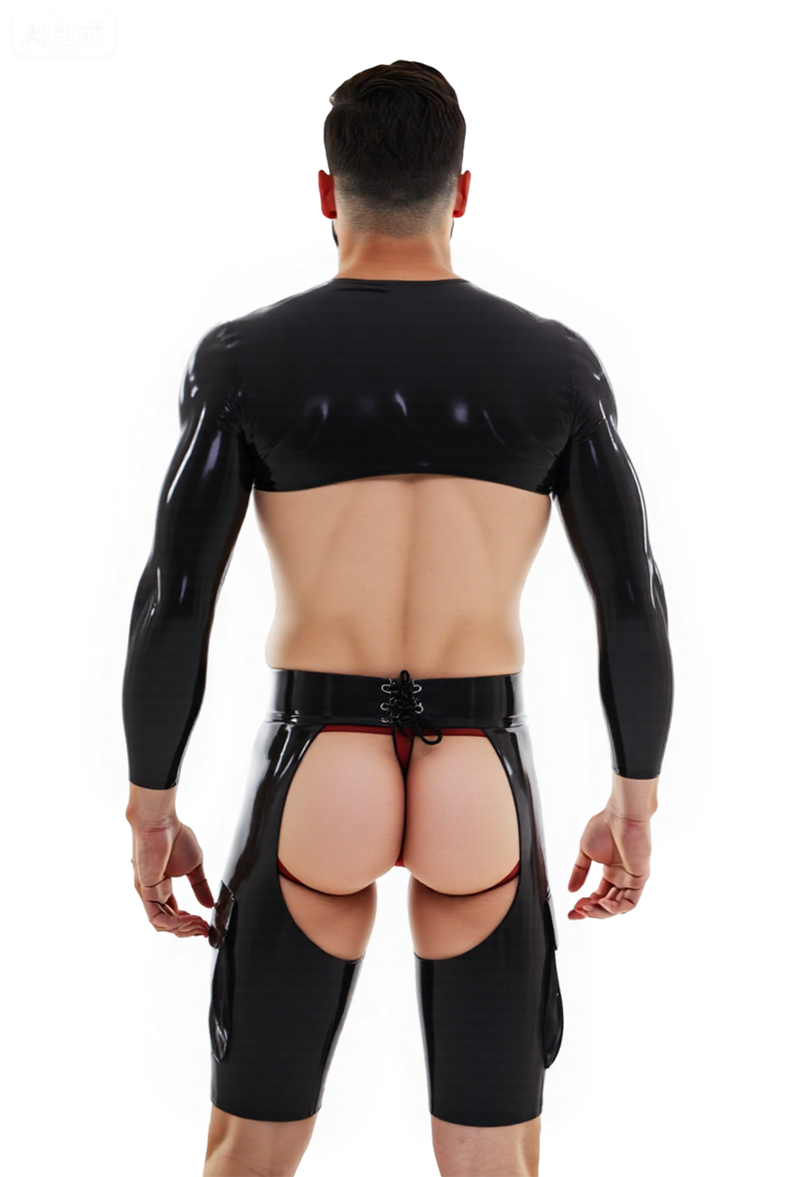 Mysteryglove Men’s Black PU Leather Crop Top with Open Crotch and Butt Cutout Shorts 