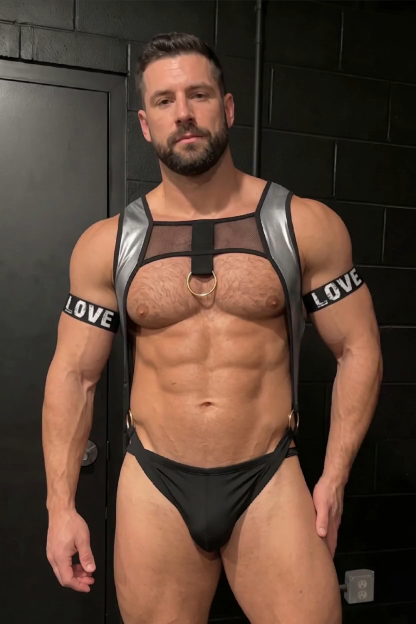 Mysteryglove Men’s Black & Silver Mesh Harness Set with Thong – Gold Ring Chest Harness