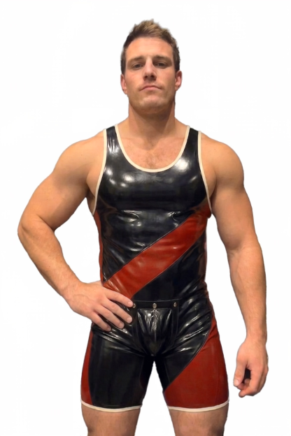 Mysteryglove PU Leather Gloss Singlet – Black/Red Diagonal Stripe + Open-Seat Back