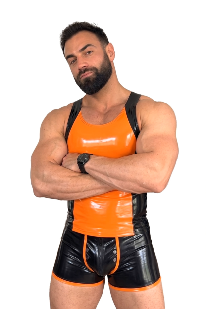 Mysteryglove Orange & Black Gloss PU Leather Singlet, Sleeveless One-Piece with Full Back Zipper