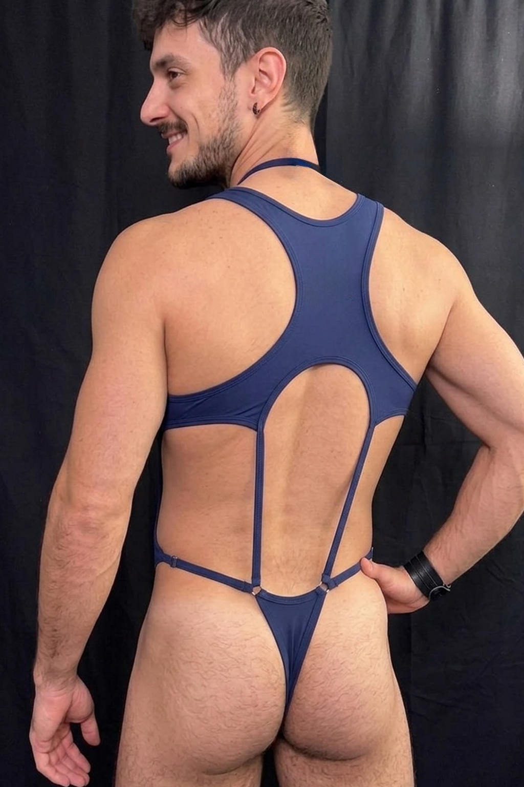 Mysteryglove Navy Cutout Bodysuit — Cross-Neck Straps, Open Torso, Thong Back