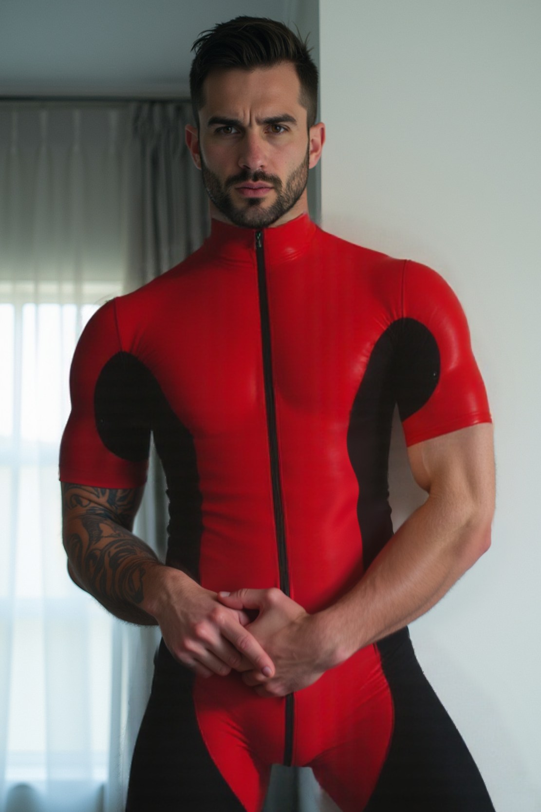 Mysteryglove Red & Black PU Leather Bodysuit – Short Sleeve Zip-Up Design