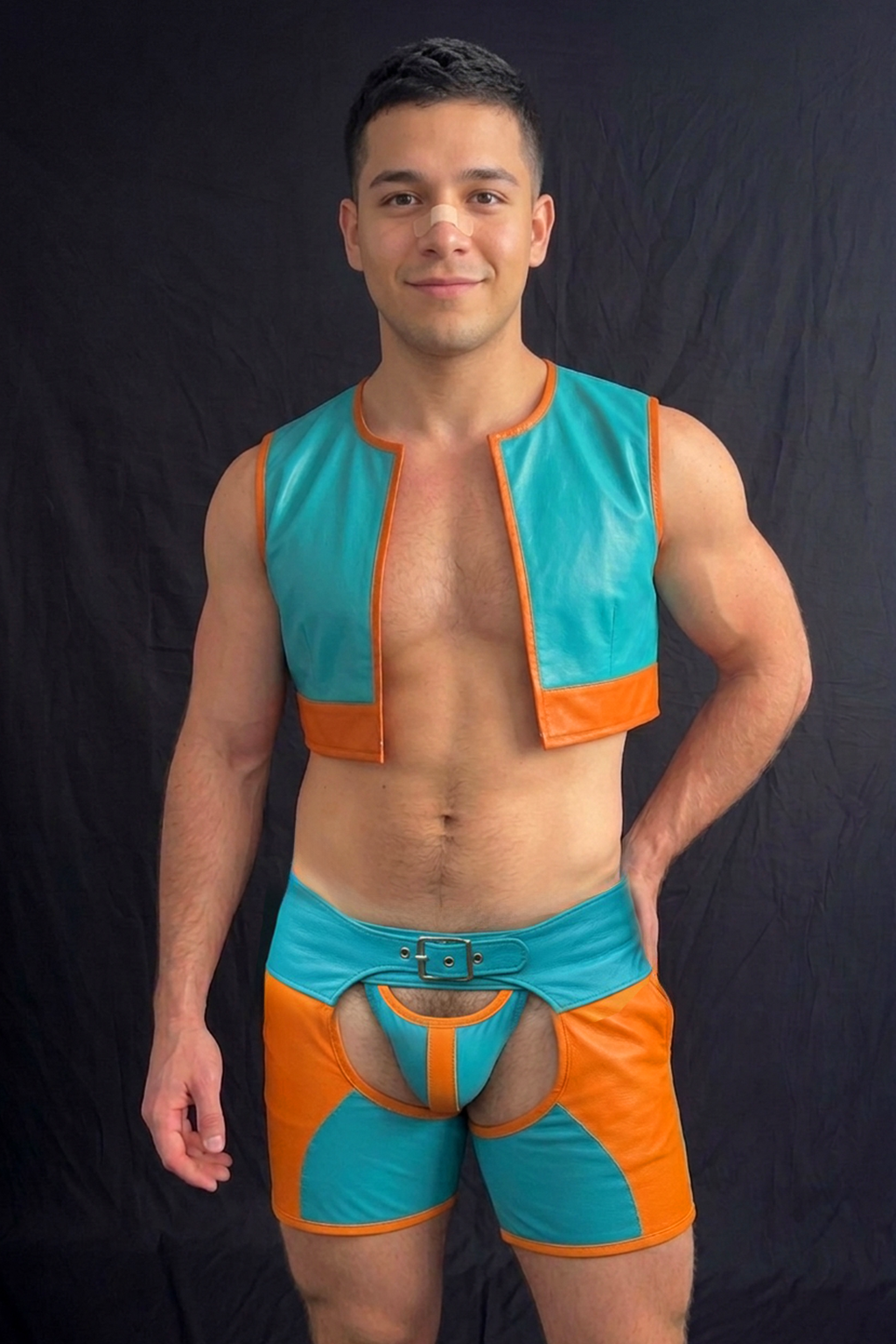 Mysteryglove Men’s Colorblock PU Leather Cutout Shorts and Cropped Vest Set