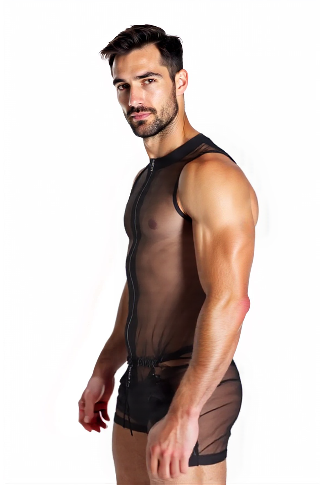 Men's Sleeveless Black Romper with Zipper and See-Through Mandarin Collar Design