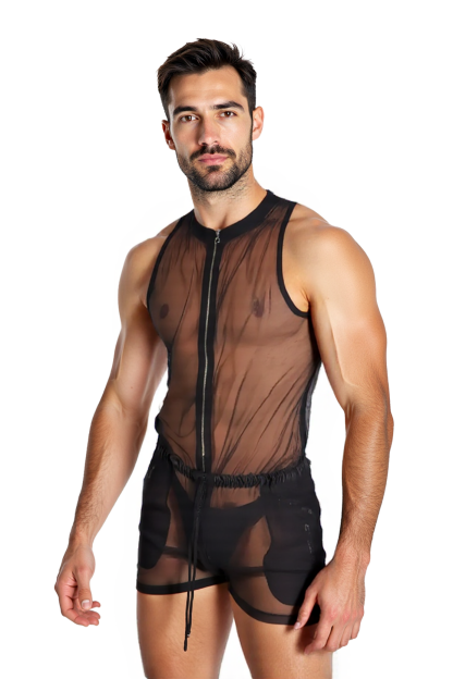 Men's Sleeveless Black Romper with Zipper and See-Through Mandarin Collar Design