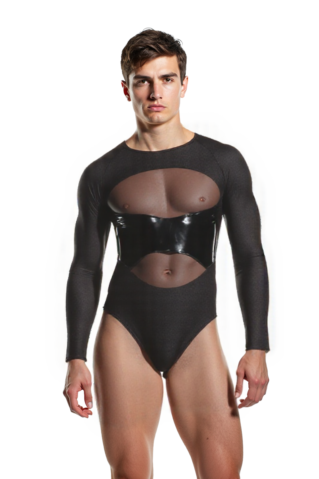 Mesh & PU Leather Patchwork Bodysuit – Bold and Sleek