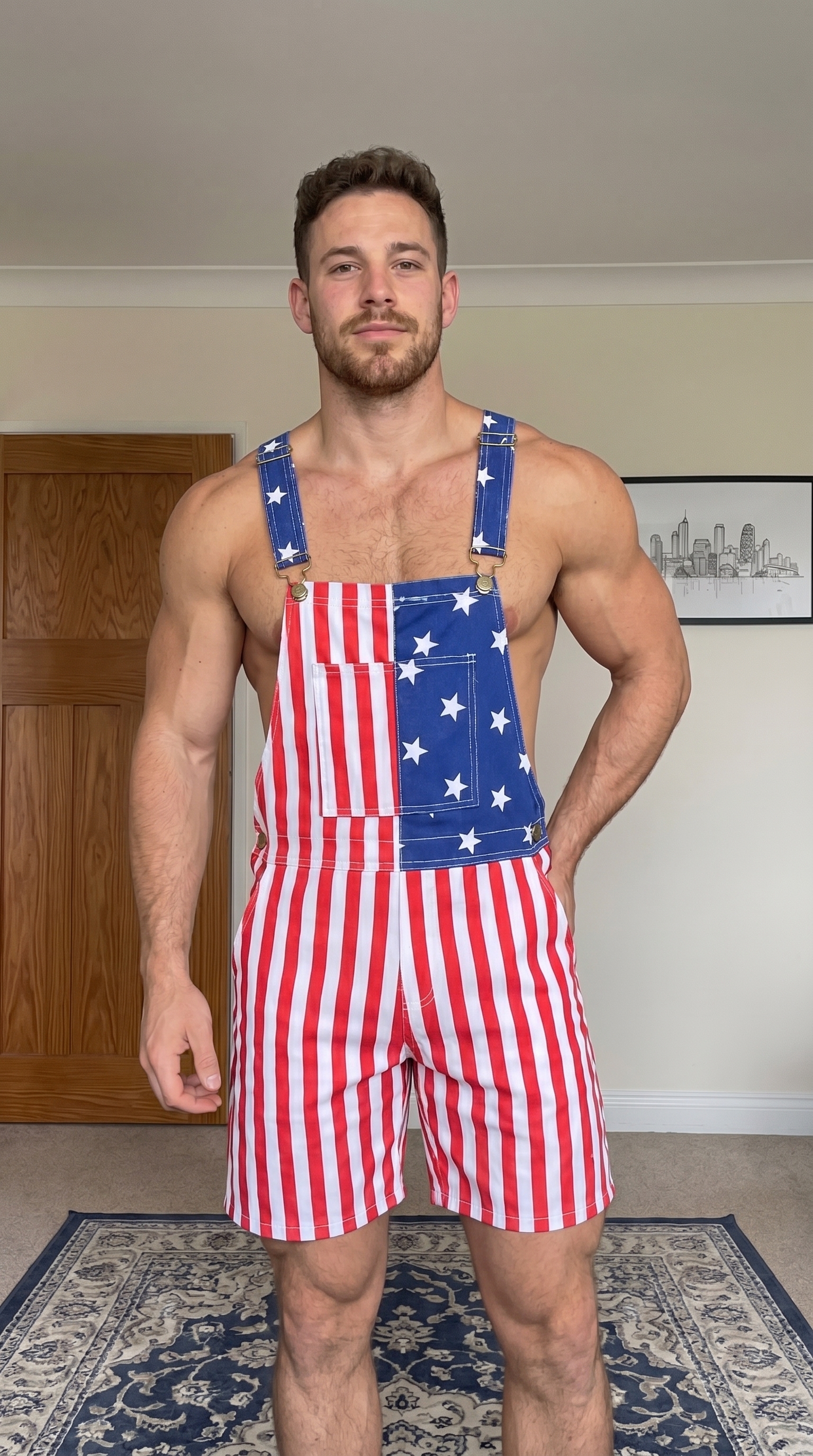 Mysteryglove Men's American Flag Short Overalls Patriotic Striped Bib Romper with Open Back