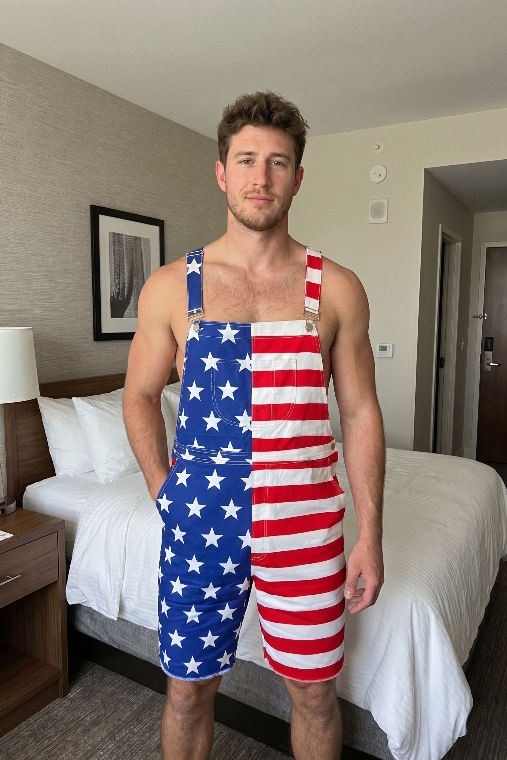 Mysteryglove Men's American Flag Bib Overalls Patriotic Sleeveless Long Shorts Jumpsuit