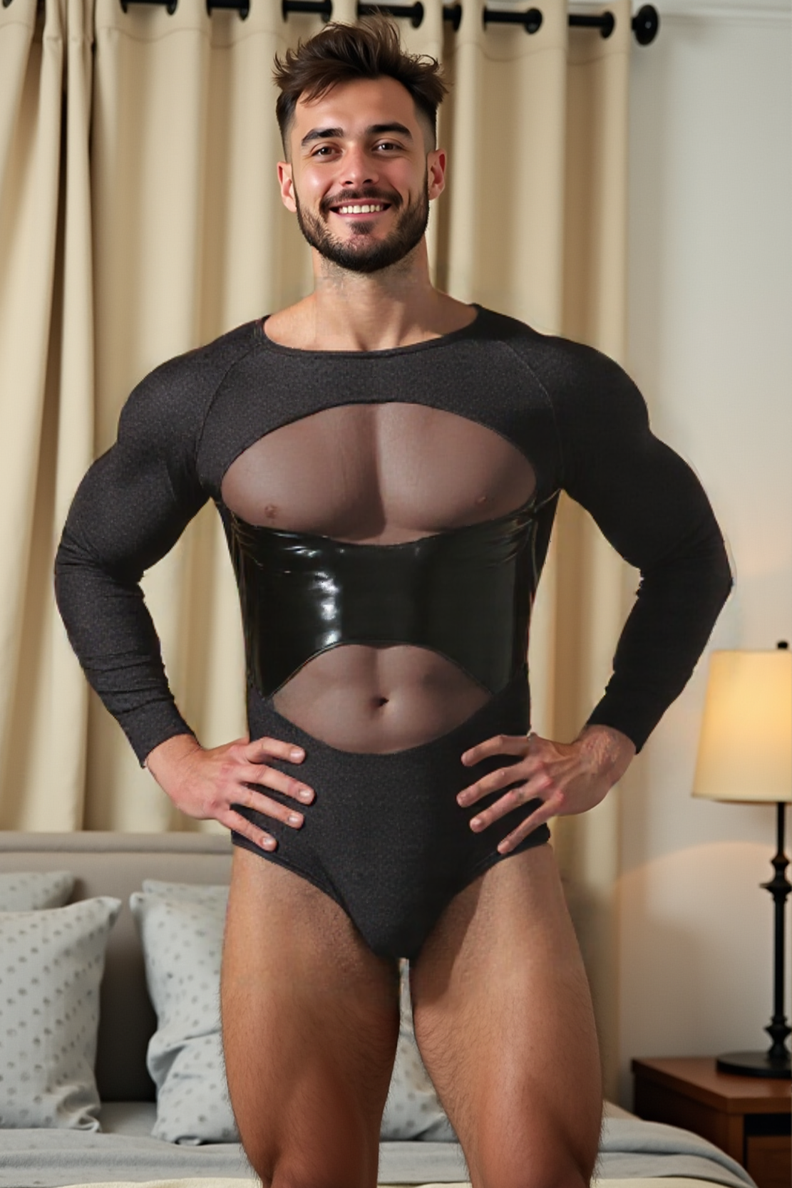 Mesh & PU Leather Patchwork Bodysuit – Bold and Sleek