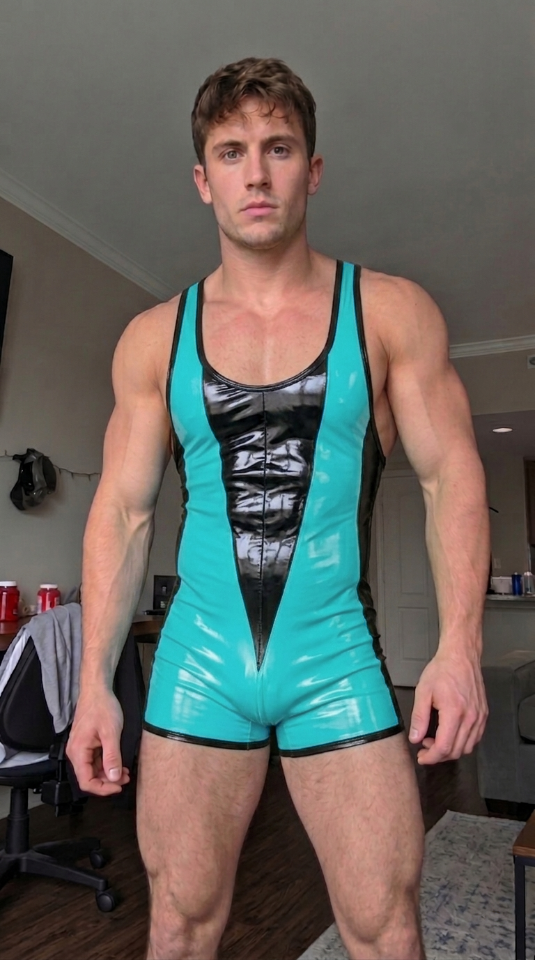 Mysteryglove Men's PU Leather Look Color Block Wrestling Singlet Sleeveless Short Bodysuit in Black and Neon Green
