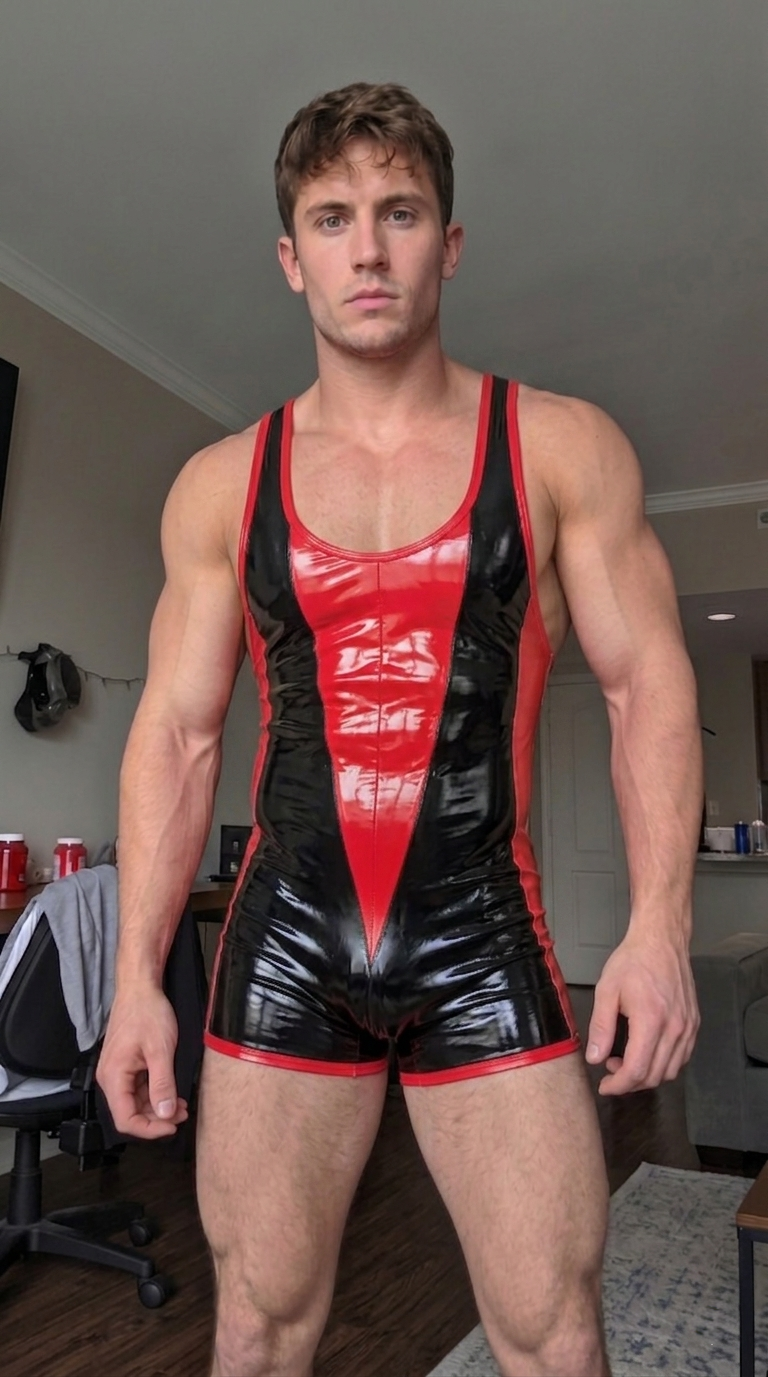 Mysteryglove Men's PU Leather Look Color Block Wrestling Singlet Sleeveless Short Bodysuit in Black and Neon Green