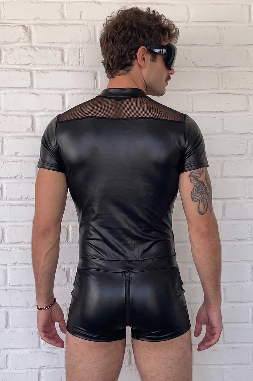 Mysteryglove Men’s Black Mesh Panel Romper, Shiny Slim Fit Zip-Up Short Jumpsuit