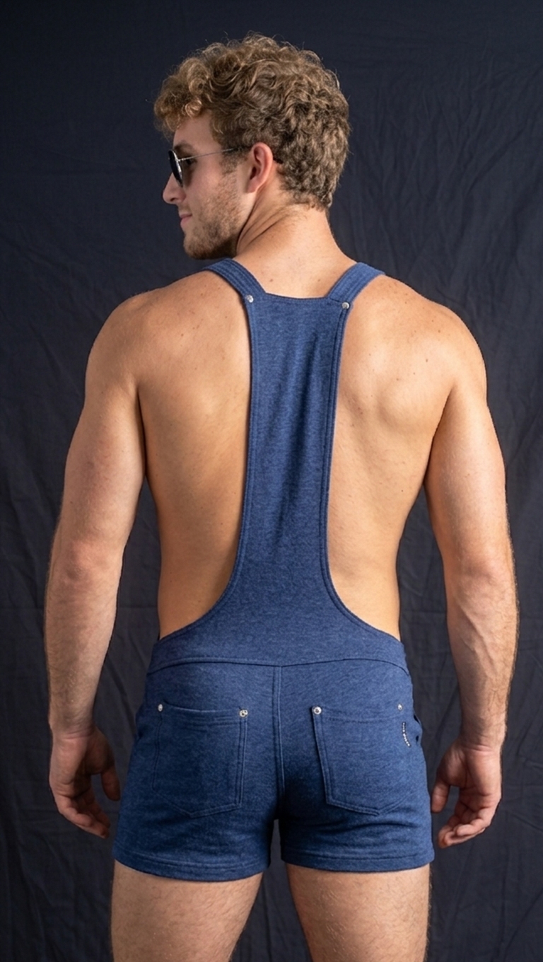 Mysteryglove Men's Blue Open Back Short Overalls with Zip Bib Pocket