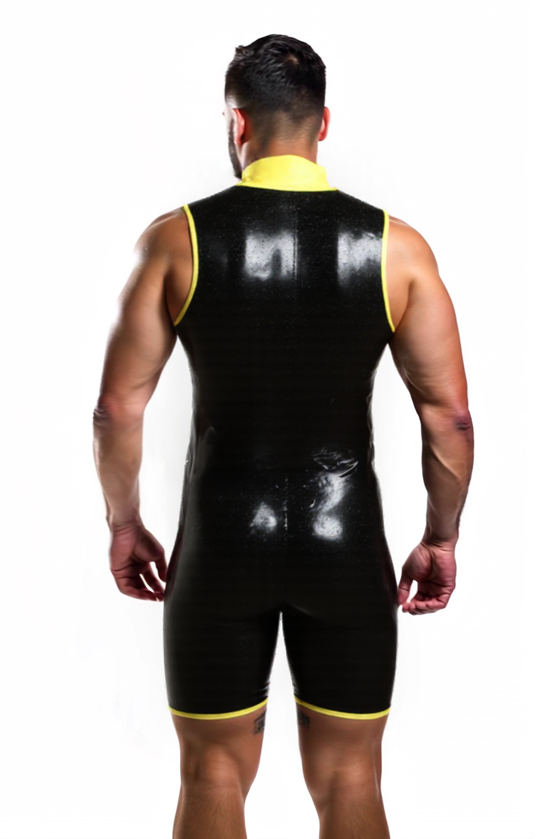Mysteryglove Sleeveless Glossy Black Bodysuit with Yellow Trim and Zipper Front