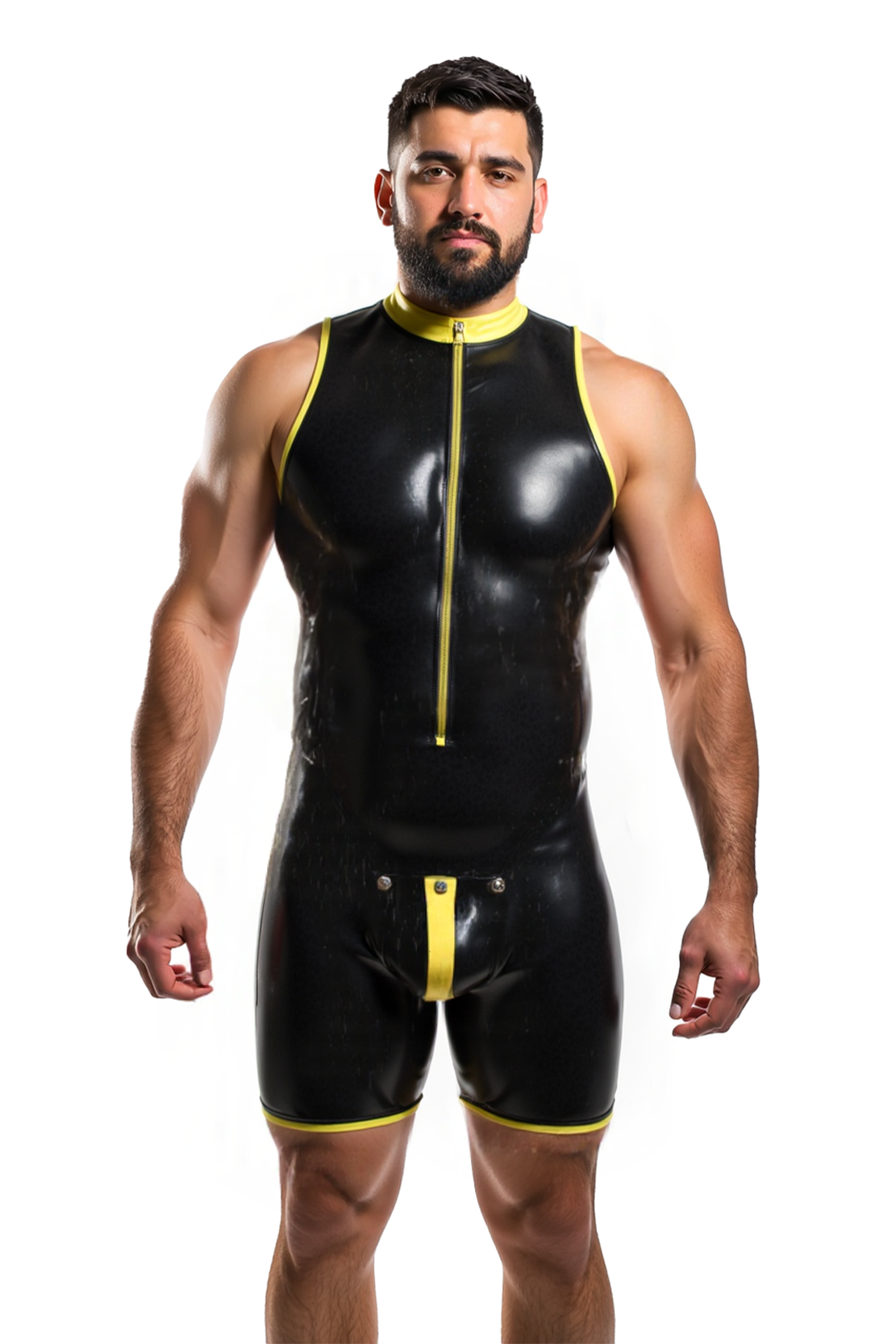 Mysteryglove Sleeveless Glossy Black Bodysuit with Yellow Trim and Zipper Front