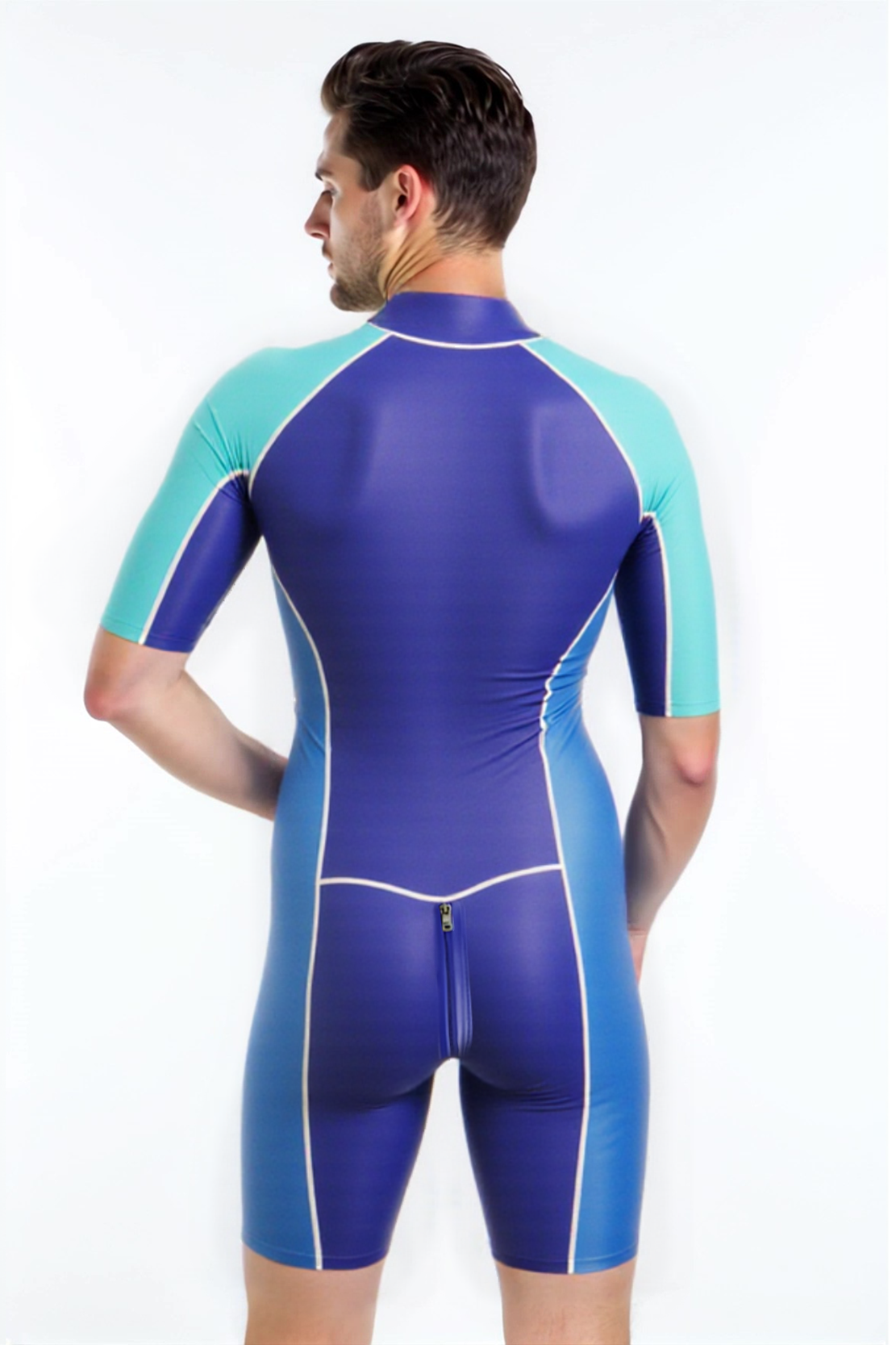 Mysteryglove Two-Tone Blue Gloss Bodysuit – Front Zip & Rear Access Design