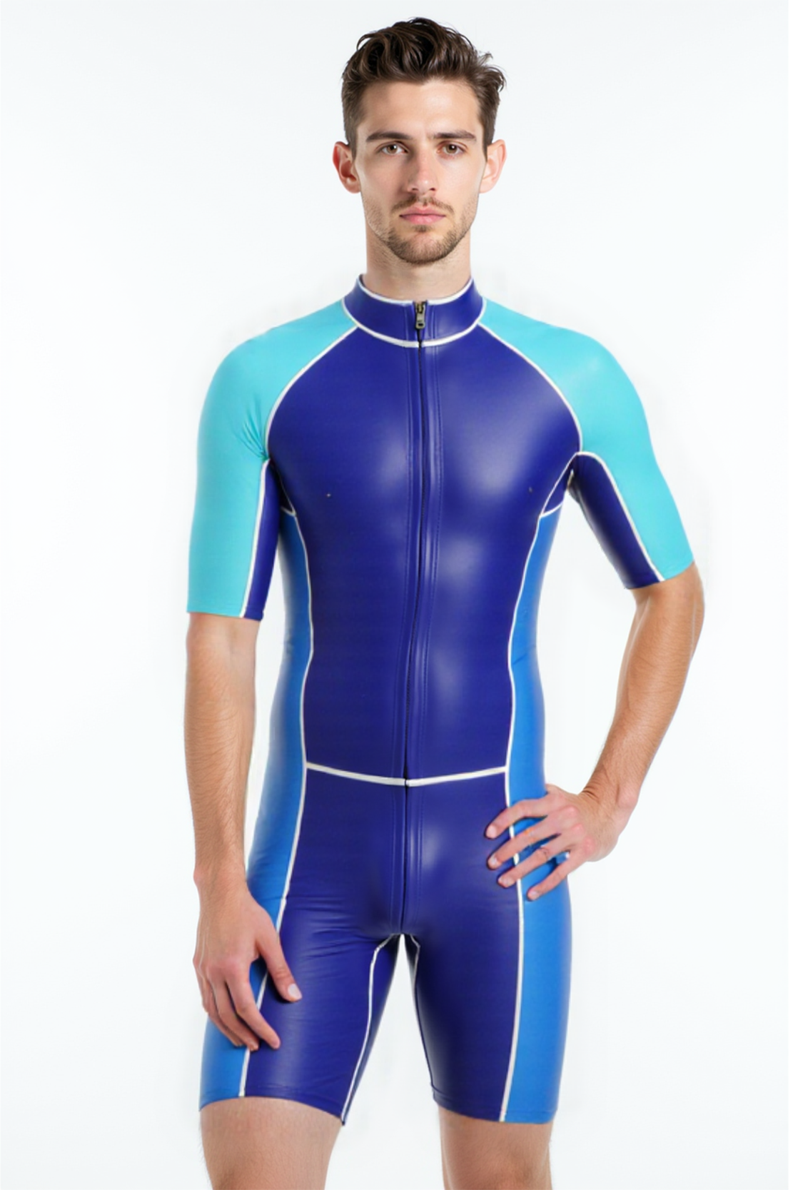 Mysteryglove Two-Tone Blue Gloss Bodysuit – Front Zip & Rear Access Design