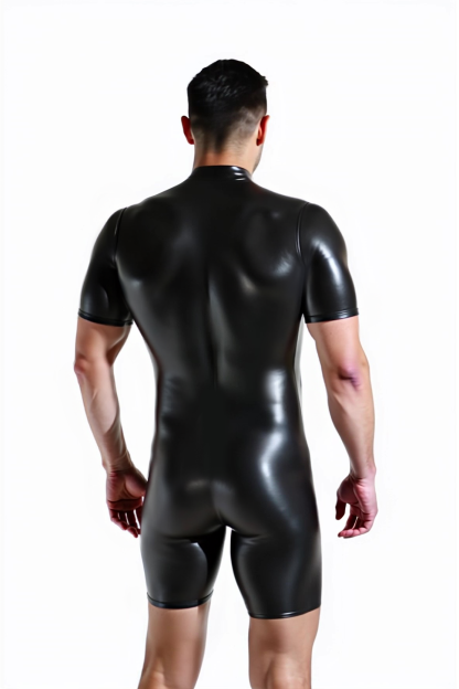 Mysteryglove Black & White Glossy Bodysuit – Short Sleeve One-Piece with Front Zip