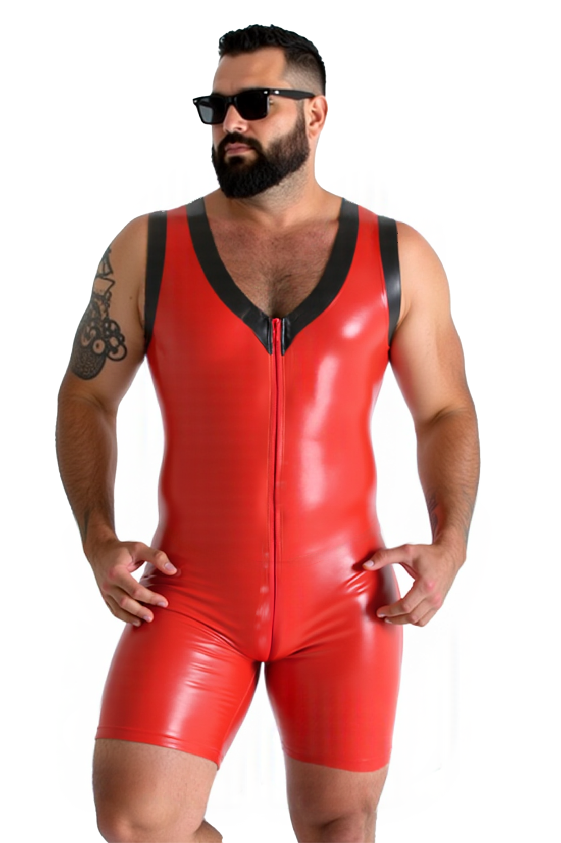 Mysteryglove Red Sleeveless Bodysuit – Glossy One-Piece with Deep V-Neck & Front Zip