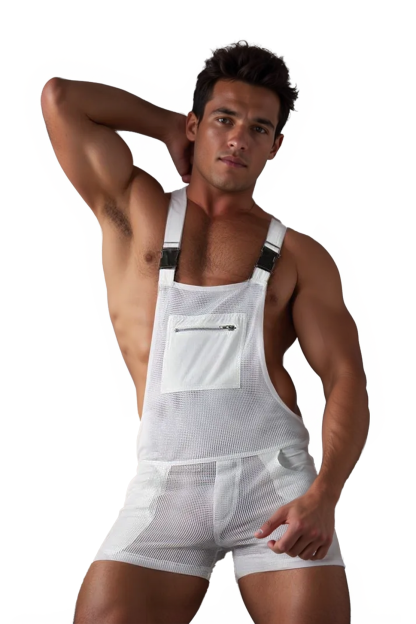 White Mesh Overall Shorts in Slim Fit