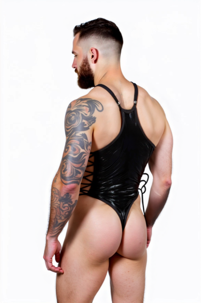 Men's Patent Leather Strappy Black Bodysuit
