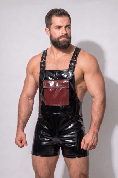 Mysteryglove Black Gloss PU Leather Harness Romper, Adjustable Shoulder Straps + Front Pocket Detail + Open Back Design